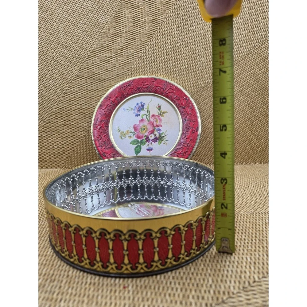 VTG Western Germany Decorative Tin Box Red & Gold Floral Embossed Container 8.5